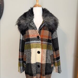 La Fiorentina Plaid Faux Fur Collar Coat